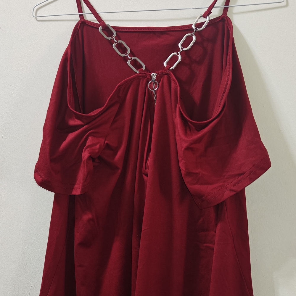 Red Cold-Shoulder Chain Detail Women's Blouse